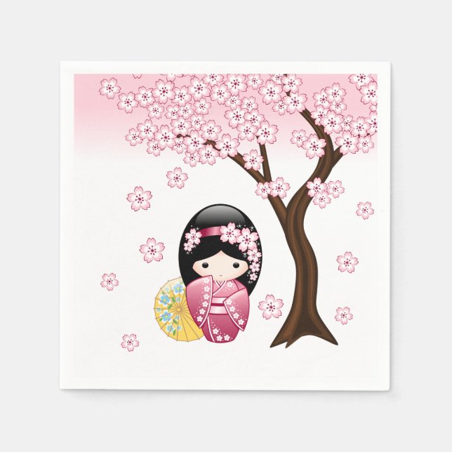 Spring Kokeshi Doll - Cute Japanese Geisha Girl Napkins (Front)