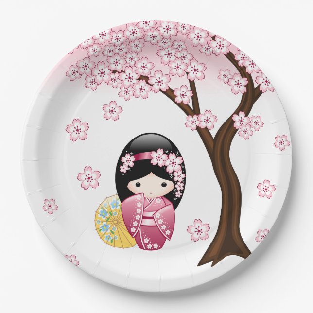 Spring Kokeshi Doll - Cute Japanese Geisha Girl Paper Plates (Front)