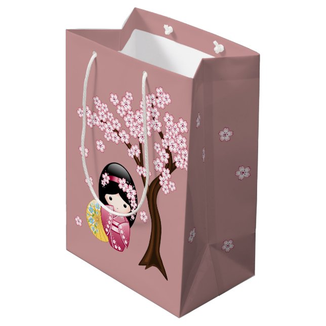 Spring Kokeshi Doll Cute Japanese Geisha Girl Pink Medium Gift Bag (Back Angled)