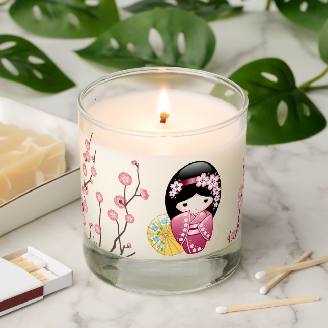 Spring Kokeshi Doll - Cute Japanese Geisha Girl Scented Candle (Lit)