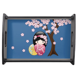 Spring Kokeshi Doll - Cute Japanese Geisha Girl Serving Tray