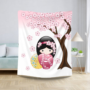 Spring Kokeshi Doll - Cute Japanese Geisha Girl Sherpa Blanket