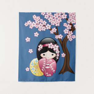 Spring Kokeshi Doll - Cute Japanese Geisha Girl Tapestry