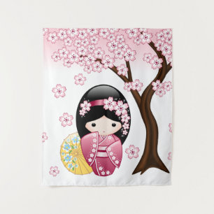 Spring Kokeshi Doll - Cute Japanese Geisha Girl Tapestry