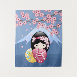 Spring Kokeshi Doll - Cute Japanese Geisha Girl Tapestry