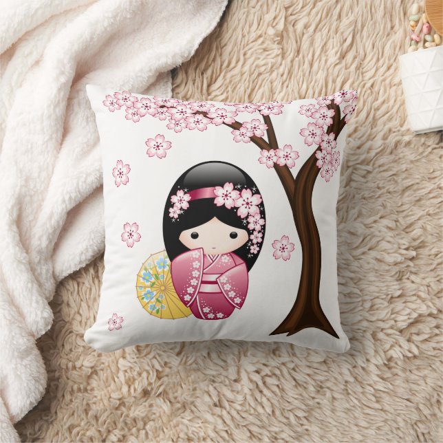 Spring Kokeshi Doll - Cute Japanese Geisha Girl Throw Pillow (Blanket)