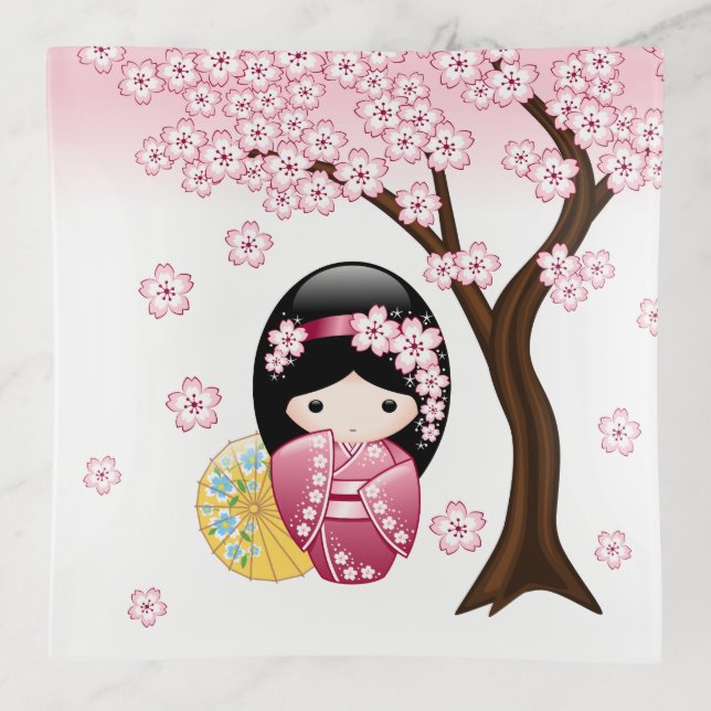 Spring Kokeshi Doll - Cute Japanese Geisha Girl Trinket Tray (Front)