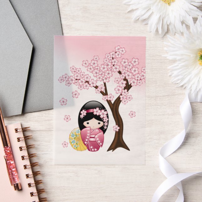 Spring Kokeshi Doll Cute Japanese Geisha Insert Vellum Invitations (Wedding)