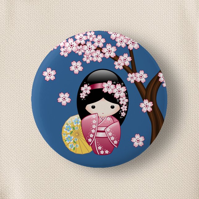 Spring Kokeshi Doll - Cute Japanese Geisha on Blue Button (Creator Uploaded)
