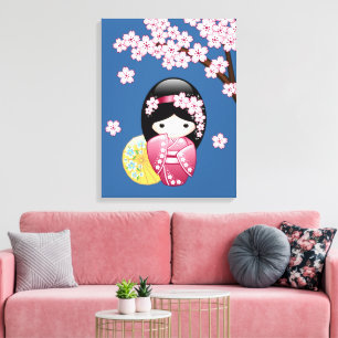 Spring Kokeshi Doll - Cute Japanese Geisha on Blue Canvas Print