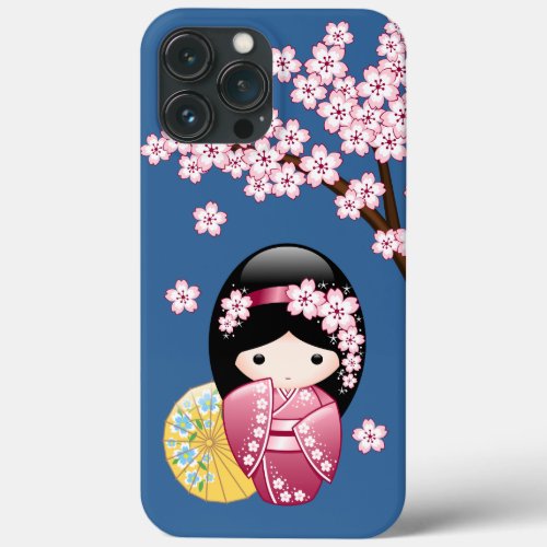 Spring Kokeshi Doll _ Cute Japanese Geisha on Blue iPhone 13 Pro Max Case