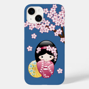Spring Kokeshi Doll - Cute Japanese Geisha on Blue Case-Mate iPhone 14 Case