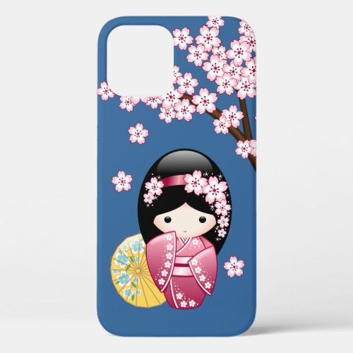 Spring Kokeshi Doll _ Cute Japanese Geisha on Blue iPhone 12 Case