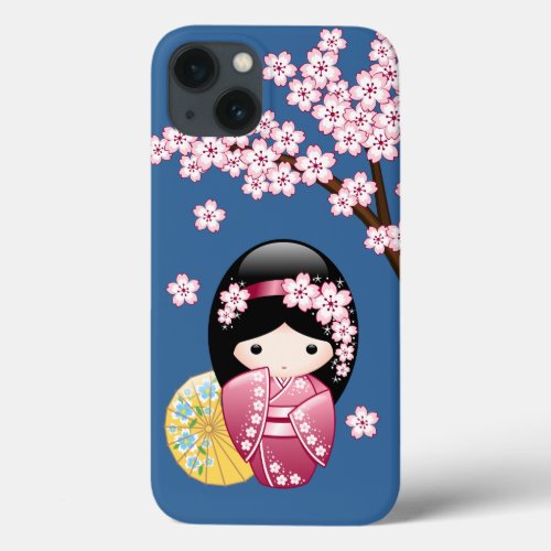 Spring Kokeshi Doll _ Cute Japanese Geisha on Blue iPhone 13 Case