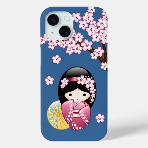 Spring Kokeshi Doll _ Cute Japanese Geisha on Blue iPhone 15 Case