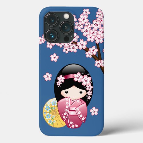 Spring Kokeshi Doll _ Cute Japanese Geisha on Blue iPhone 13 Pro Case