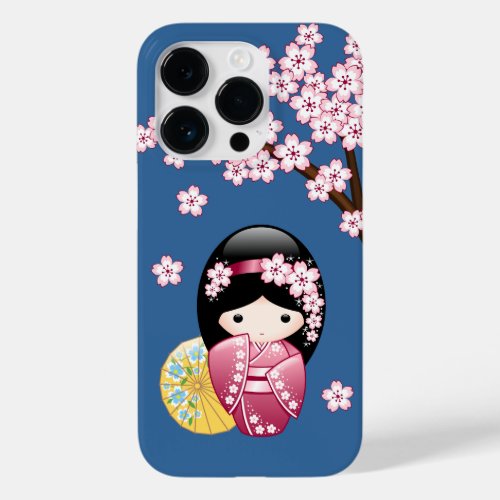 Spring Kokeshi Doll _ Cute Japanese Geisha on Blue Case_Mate iPhone 14 Pro Case