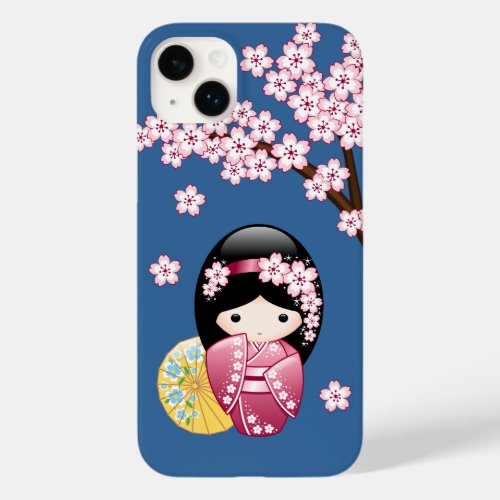Spring Kokeshi Doll _ Cute Japanese Geisha on Blue Case_Mate iPhone 14 Plus Case