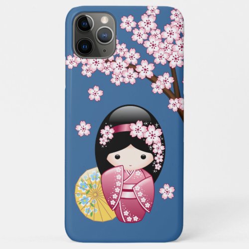 Spring Kokeshi Doll _ Cute Japanese Geisha on Blue iPhone 11 Pro Max Case