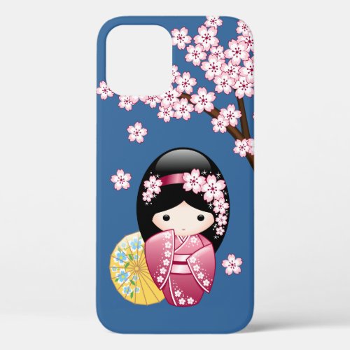 Spring Kokeshi Doll _ Cute Japanese Geisha on Blue iPhone 12 Pro Case