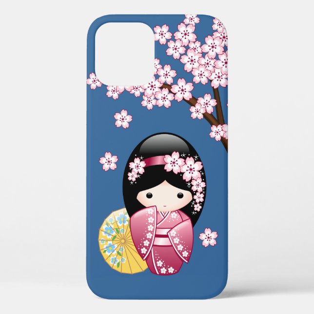 Spring Kokeshi Doll - Cute Japanese Geisha on Blue Case-Mate iPhone Case (Back)