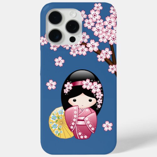 Spring Kokeshi Doll _ Cute Japanese Geisha on Blue iPhone 15 Pro Max Case