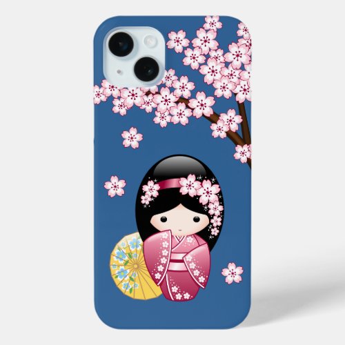 Spring Kokeshi Doll _ Cute Japanese Geisha on Blue iPhone 15 Plus Case