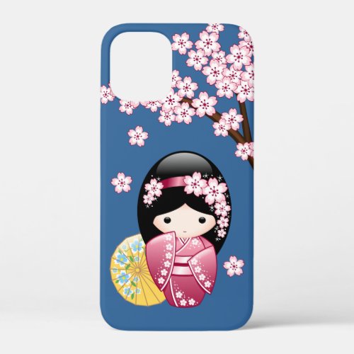 Spring Kokeshi Doll _ Cute Japanese Geisha on Blue iPhone 12 Mini Case