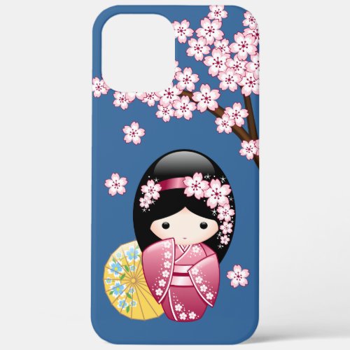 Spring Kokeshi Doll _ Cute Japanese Geisha on Blue iPhone 12 Pro Max Case