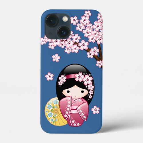 Spring Kokeshi Doll _ Cute Japanese Geisha on Blue iPhone 13 Mini Case