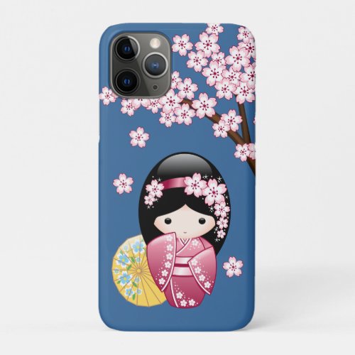 Spring Kokeshi Doll _ Cute Japanese Geisha on Blue iPhone 11 Pro Case