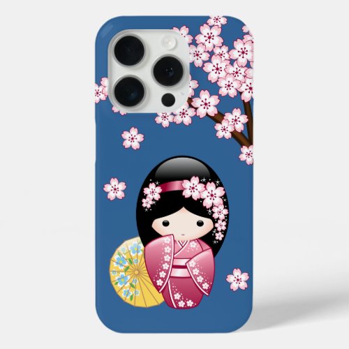 Spring Kokeshi Doll _ Cute Japanese Geisha on Blue iPhone 15 Pro Case