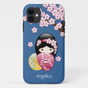 Spring Kokeshi Doll - Cute Japanese Geisha on Blue iPhone 11 Case