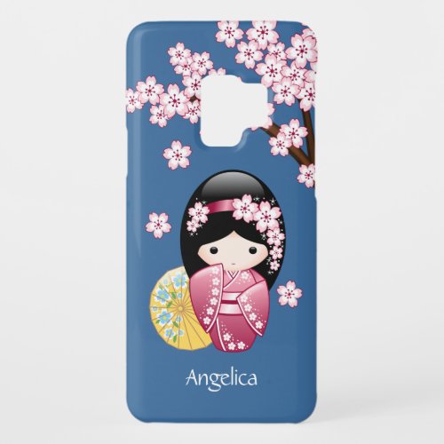 Spring Kokeshi Doll _ Cute Japanese Geisha on Blue Case_Mate Samsung Galaxy S9 Case