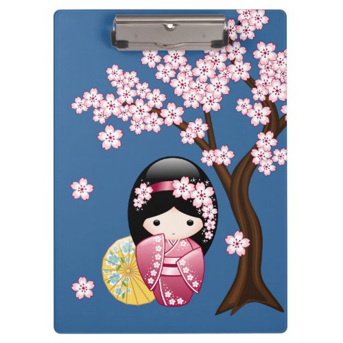 Spring Kokeshi Doll _ Cute Japanese Geisha on Blue Clipboard