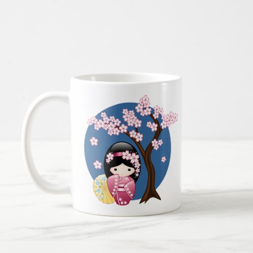 Spring Kokeshi Doll _ Cute Japanese Geisha on Blue Coffee Mug