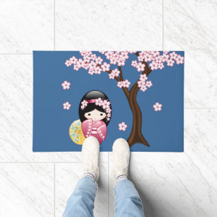 Spring Kokeshi Doll - Cute Japanese Geisha on Blue Doormat