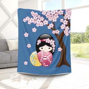 Spring Kokeshi Doll - Cute Japanese Geisha on Blue Fleece Blanket