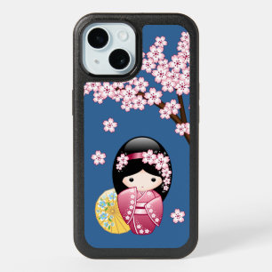 Spring Kokeshi Doll - Cute Japanese Geisha on Blue iPhone 15 Case