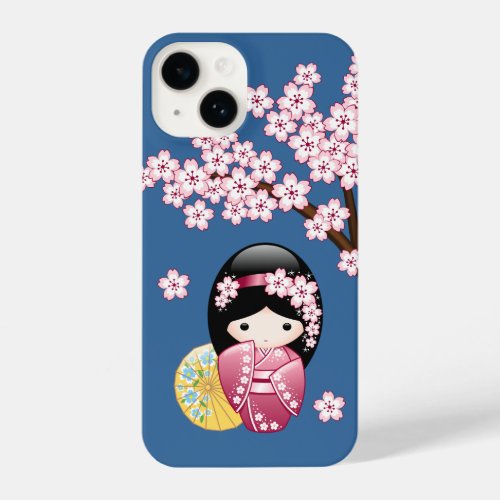 Spring Kokeshi Doll _ Cute Japanese Geisha on Blue iPhone 14 Case
