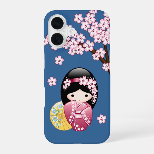 Spring Kokeshi Doll - Cute Japanese Geisha on Blue iPhone Case (Back)