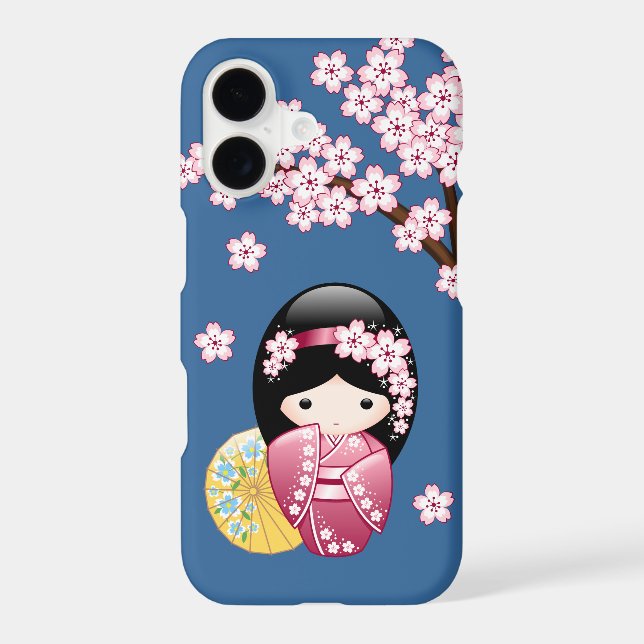 Spring Kokeshi Doll - Cute Japanese Geisha on Blue iPhone Case (Back)