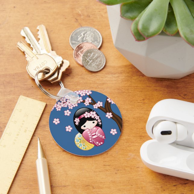 Spring Kokeshi Doll - Cute Japanese Geisha on Blue Keychain (Desk)