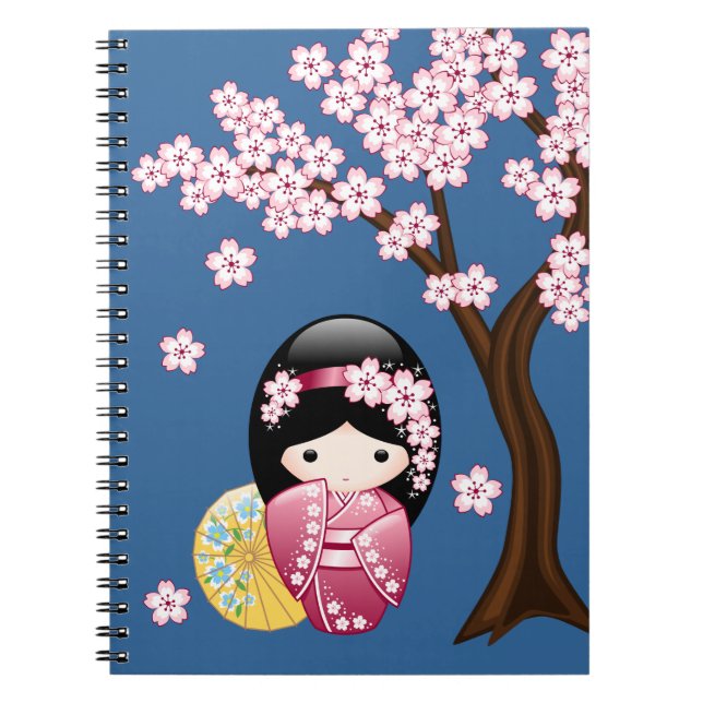 Spring Kokeshi Doll - Cute Japanese Geisha on Blue Notebook (Front)