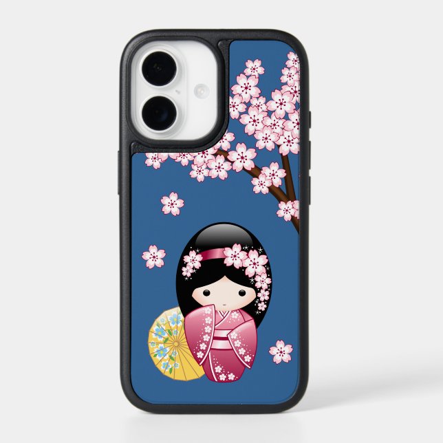 Spring Kokeshi Doll - Cute Japanese Geisha on Blue Otterbox iPhone Case (Back)