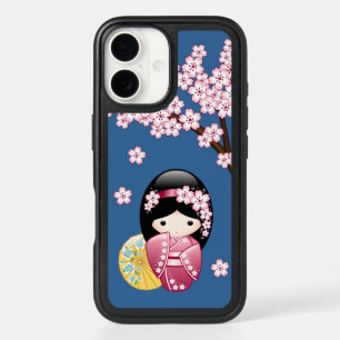 Spring Kokeshi Doll - Cute Japanese Geisha on Blue iPhone 16 Case