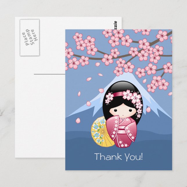 Spring Kokeshi Doll - Cute Japanese Geisha on Blue Postcard (Front/Back)