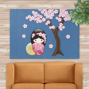 Spring Kokeshi Doll - Cute Japanese Geisha on Blue Rug