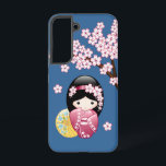Spring Kokeshi Doll - Cute Japanese Geisha on Blue Samsung Galaxy S22 Case<br><div class="desc">Vector illustration of a cute oriental geisha girl in a dark pink/magenta kimono dress with wide obi sash and a yellow bamboo paper umbrella. The girl long black hair is decorated with flower blossoms. This artwork was inspired by traditional kokeshi dolls of Japan and influenced by Japanese Chibi Kawaii art...</div>