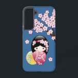 Spring Kokeshi Doll - Cute Japanese Geisha on Blue Samsung Galaxy S22 Case<br><div class="desc">Vector illustration of a cute oriental geisha girl in a dark pink/magenta kimono dress with wide obi sash and a yellow bamboo paper umbrella. The girl long black hair is decorated with flower blossoms. This artwork was inspired by traditional kokeshi dolls of Japan and influenced by Japanese Chibi Kawaii art...</div>